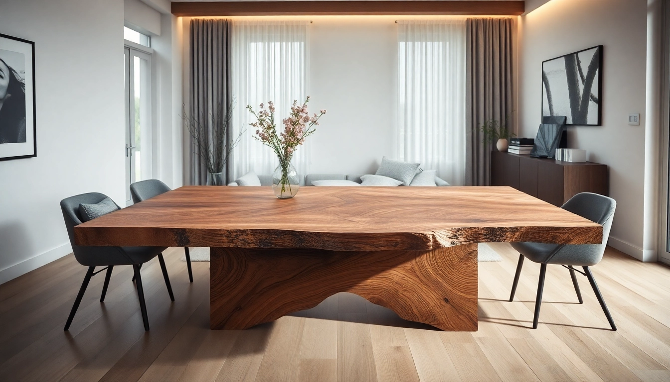 Admire the Massiver Eiche Esstisch with its elegant live edge detail, set in a warm and inviting dining space.