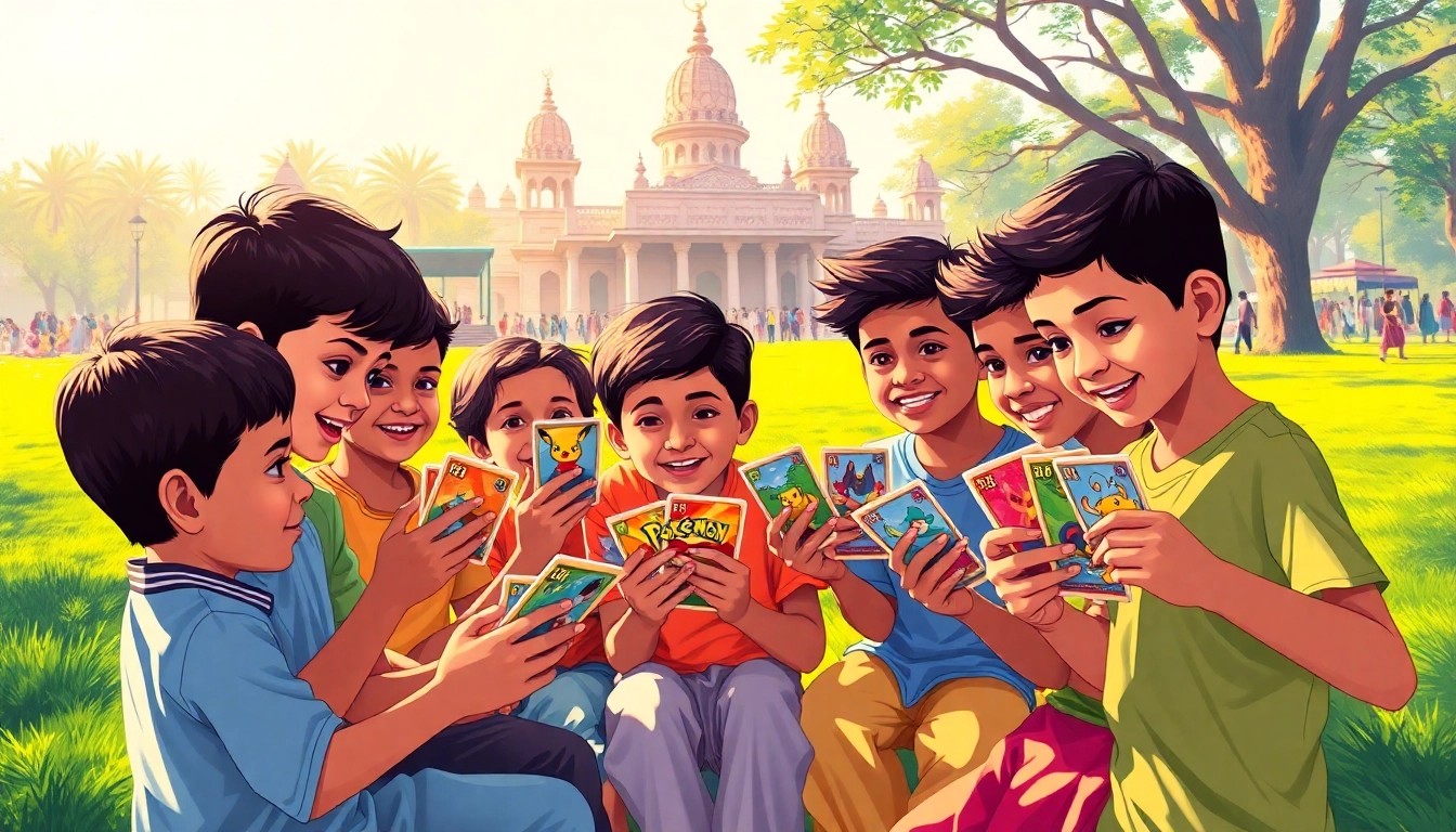 Children enthusiastically trading Pokemon tcg india cards in a vibrant park.