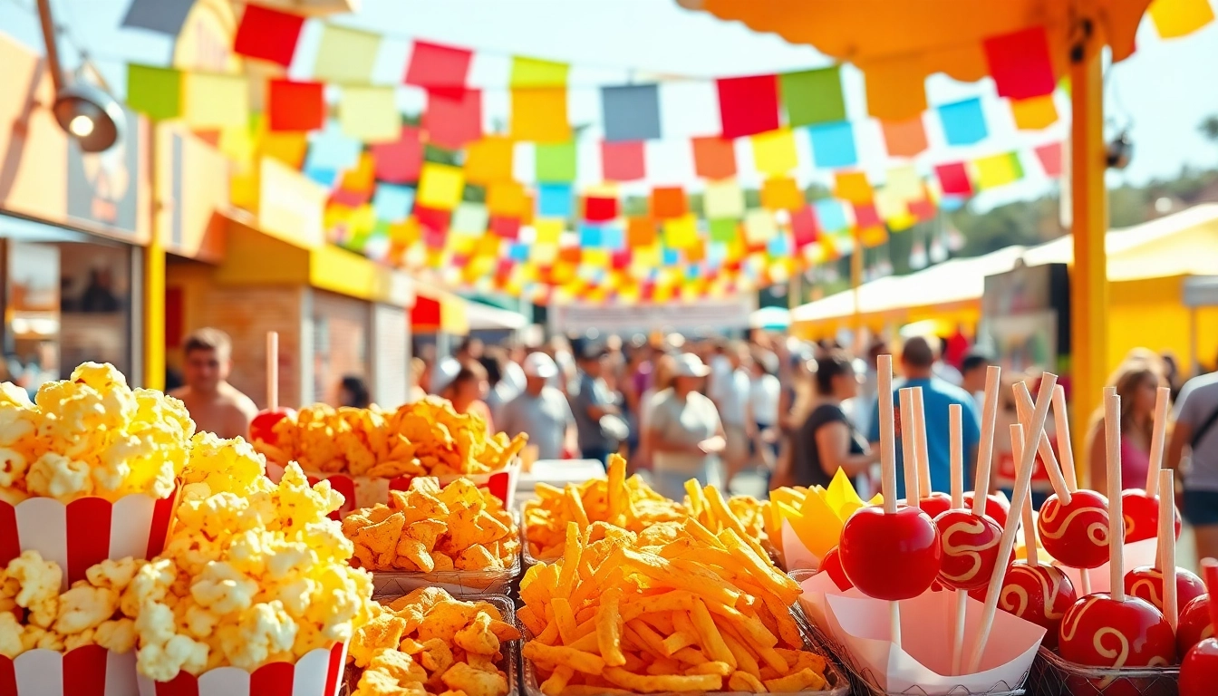 People enjoying concessions food at a vibrant festival with colorful snacks.
