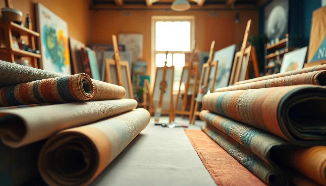 Canvas stoffen met rijke kleuren en patronen in een creatief atelier rondom.