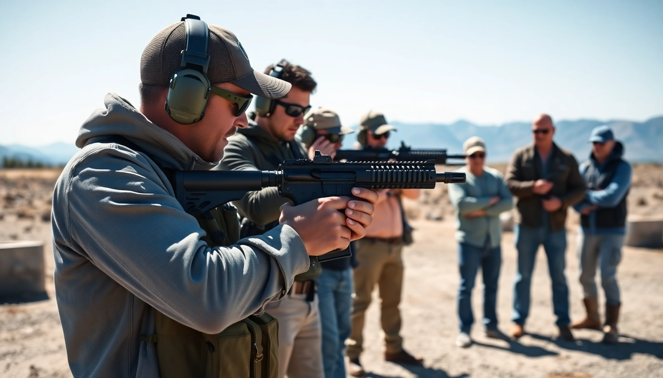 Engaged participants in firearms training demonstrate skills at an outdoor shooting range.