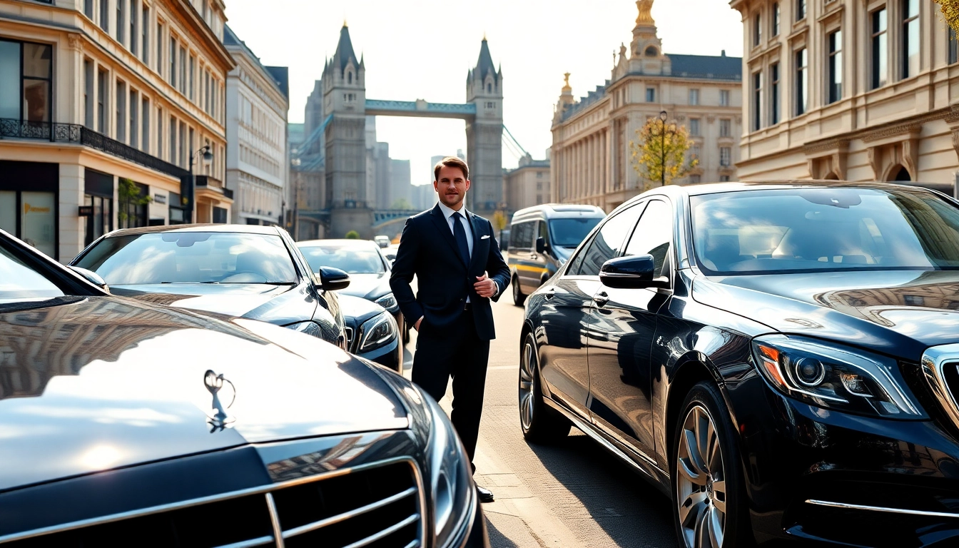 Experience refined london chauffeur service with a professional driver beside luxury vehicles.