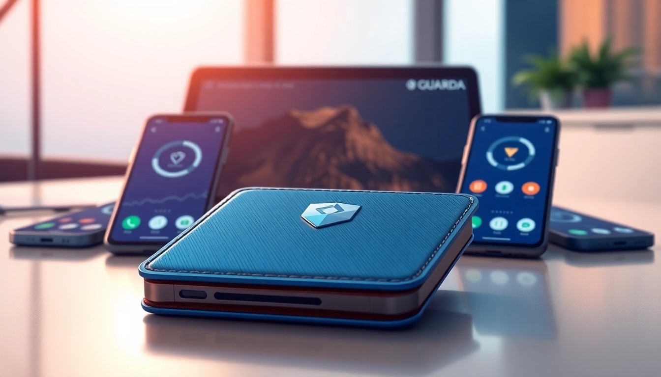 Engaging visual of guarda wallet showcasing its design, surrounded by modern devices for cryptocurrency.