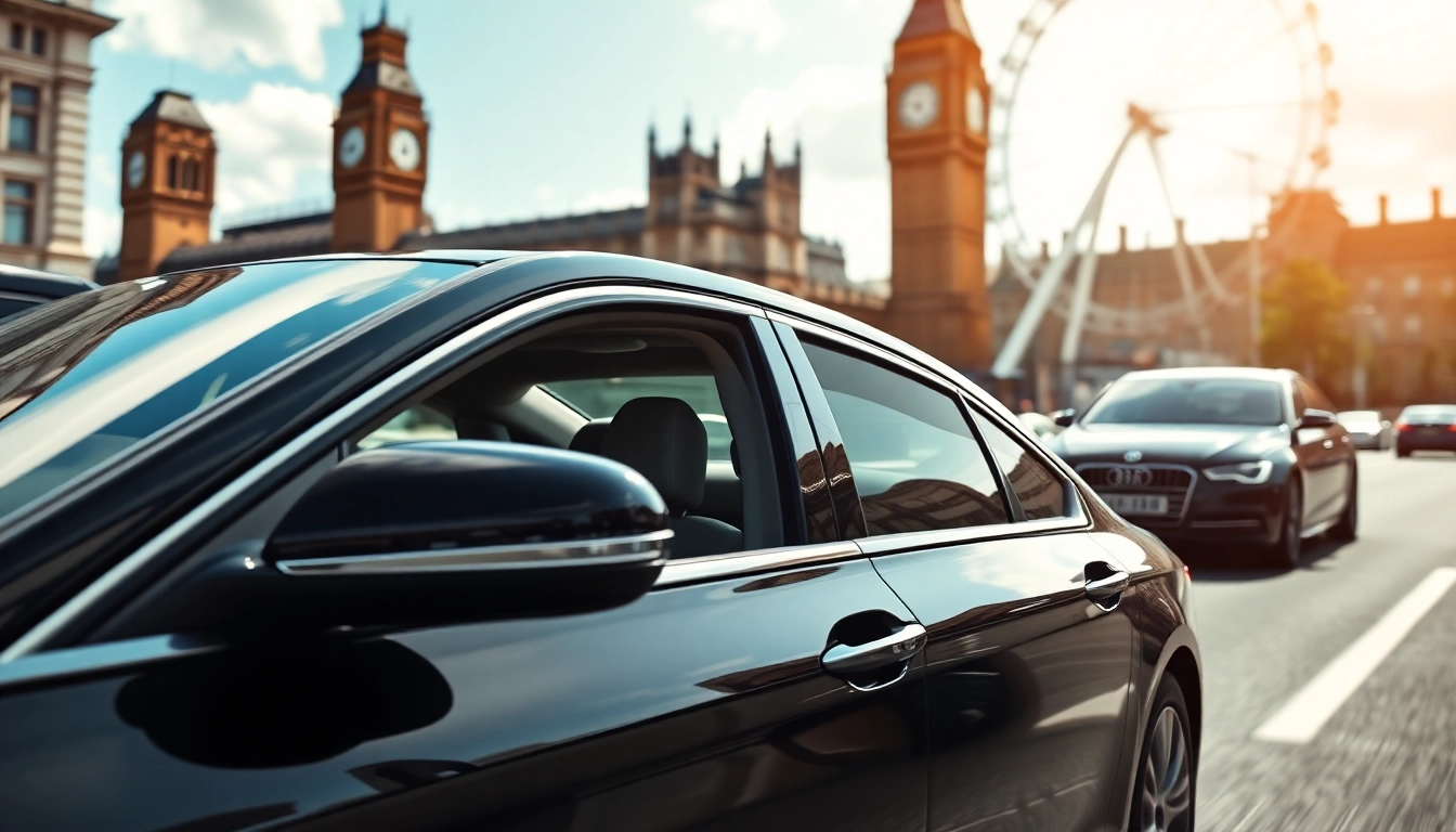 Experience premium travel with our london chauffeur service in a luxury vehicle under the London skyline.