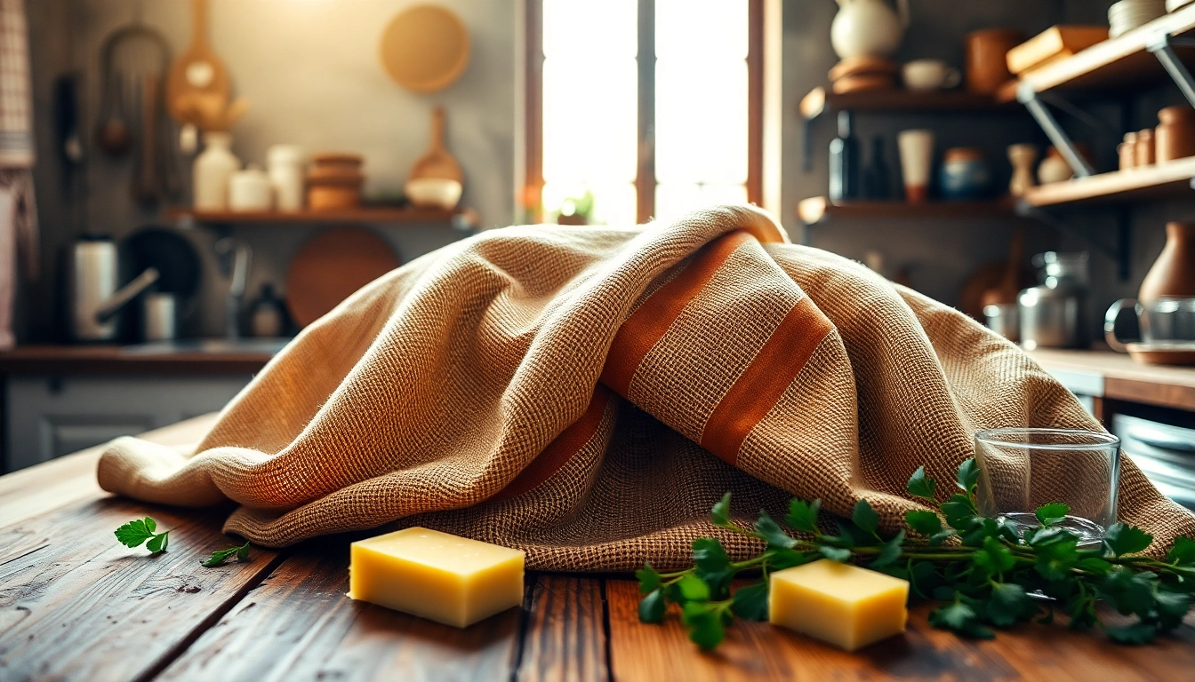 Kaasdoek netjes gedrapeerd met verse ingrediënten in een rustieke keuken