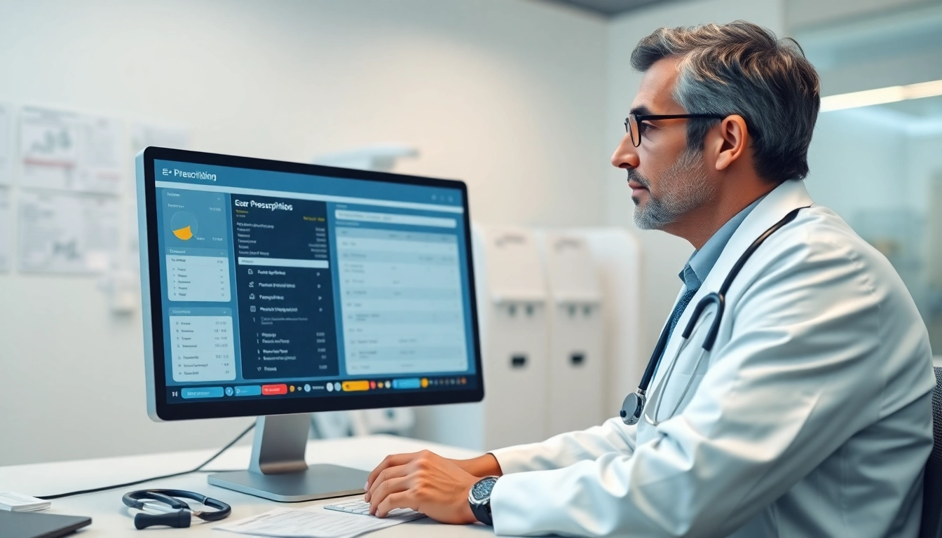 Illustration of features of eprescribing software in a healthcare setting, showcasing a user-friendly interface.