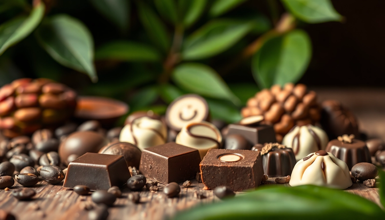 Indulge in rich chocolate edibles 1000mg artfully displayed with cacao beans and pods.