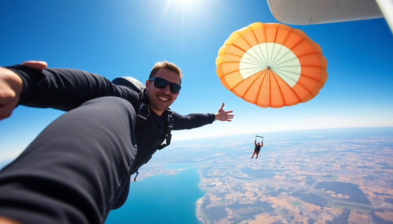 Uživajte v adrenalinskem tandemski skok s padalom pod popolnim modrim nebom.