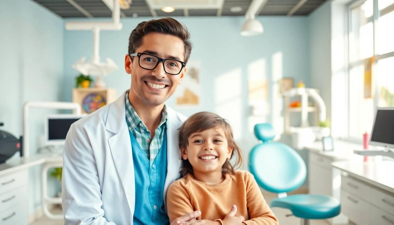 Friendly interaction between an orthodontist Myrtle Beach and a young patient in a bright dental clinic.