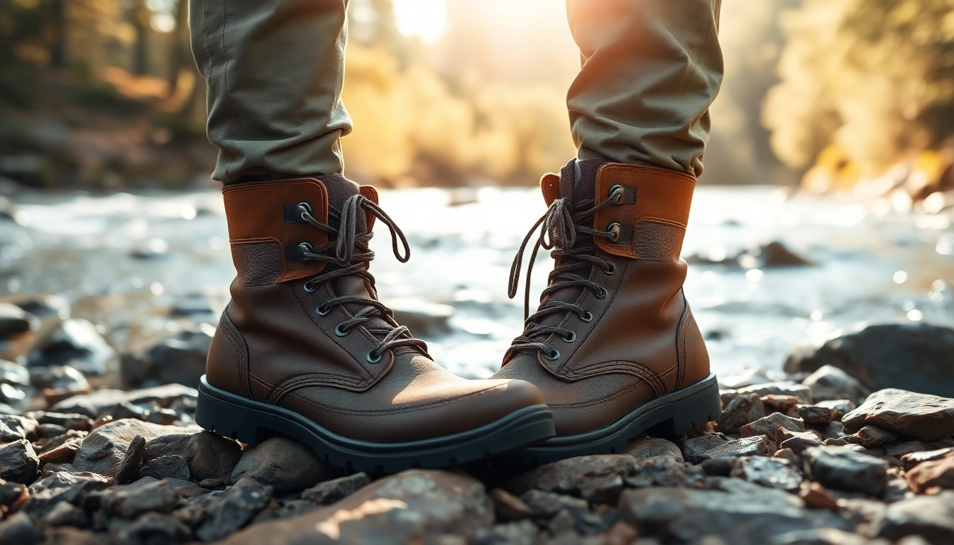 Showcase of durable Fly fishing boots set against a scenic riverbank backdrop, emphasizing their rugged design.