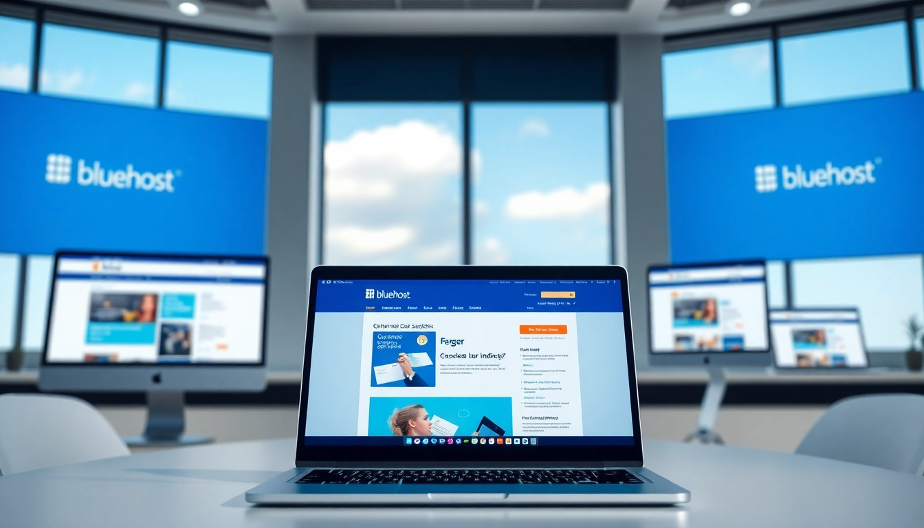 Showcasing Bluehost's web hosting solutions on devices with customer support features in a modern setting.