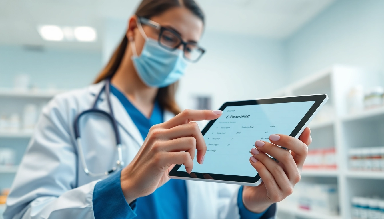 Showcasing features of eprescribing software on a tablet in a modern clinic setting.